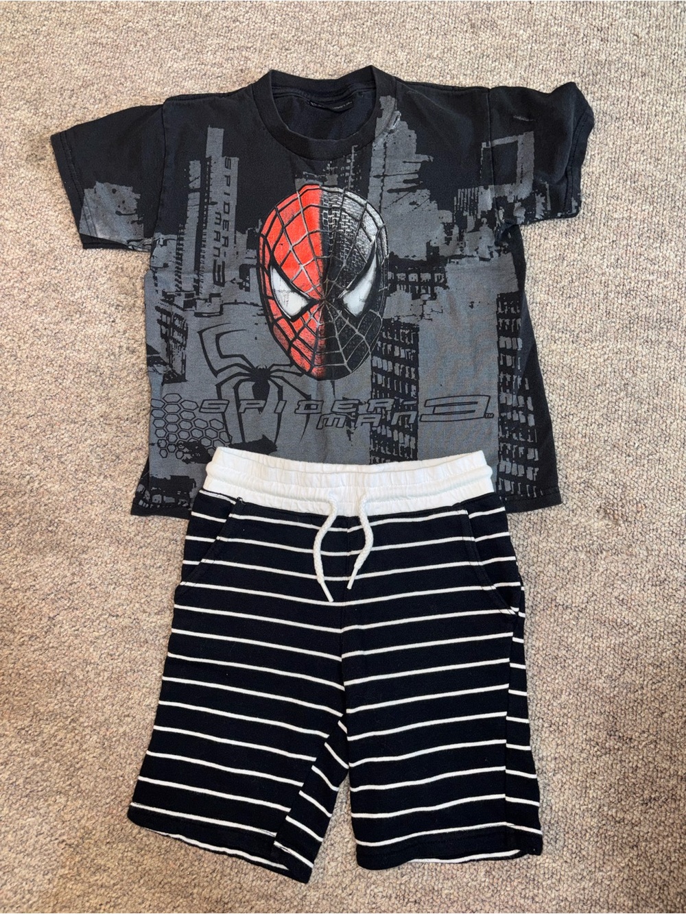 Kids Black & Red Spider Graphic Pajama Set - Short Sleeve Top & Striped Shorts